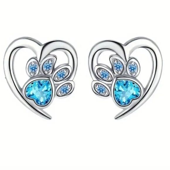 Heart and Paw Blue Silver Earrings N851 - Picture 1 of 6